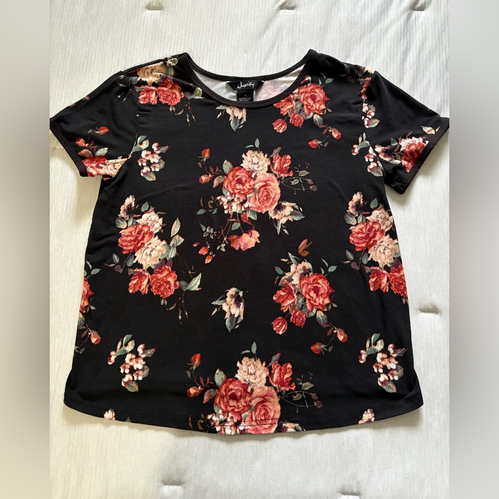 Justify Black Top with Vintage Floral Design